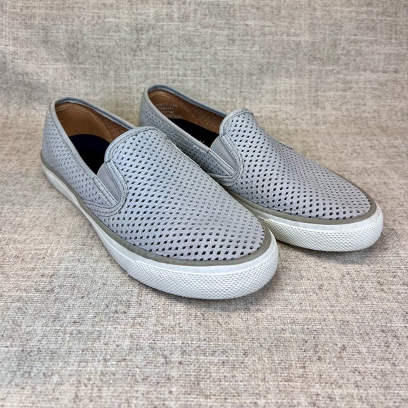 Sperry Top Sider gray perforated leather slip on sneakers boat shoes size 7.5 - Picture 1 of 9